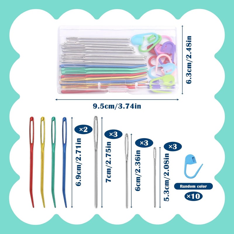 Kogyxe 17 Pcs Steel Sewing Needles Kit, Stainless Steel Sewing Needles with Mix Color Stitch Markers, Weaving Needle Bent Tip Tapestry Needles Darning Knitting Sewing Needles for Knitting Crochet - Image 2